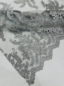 Braid Leaf Designs Lace Fabric - Metallic Silver - Embroidered Floral Leaf Pattern on Lace Mesh Fabric By Yard