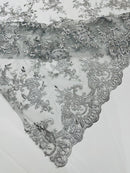 Plant Design Lace Fabric - Metallic Silver - Small Plant Flower Leaf Design Lace Fabric Sold By Yard