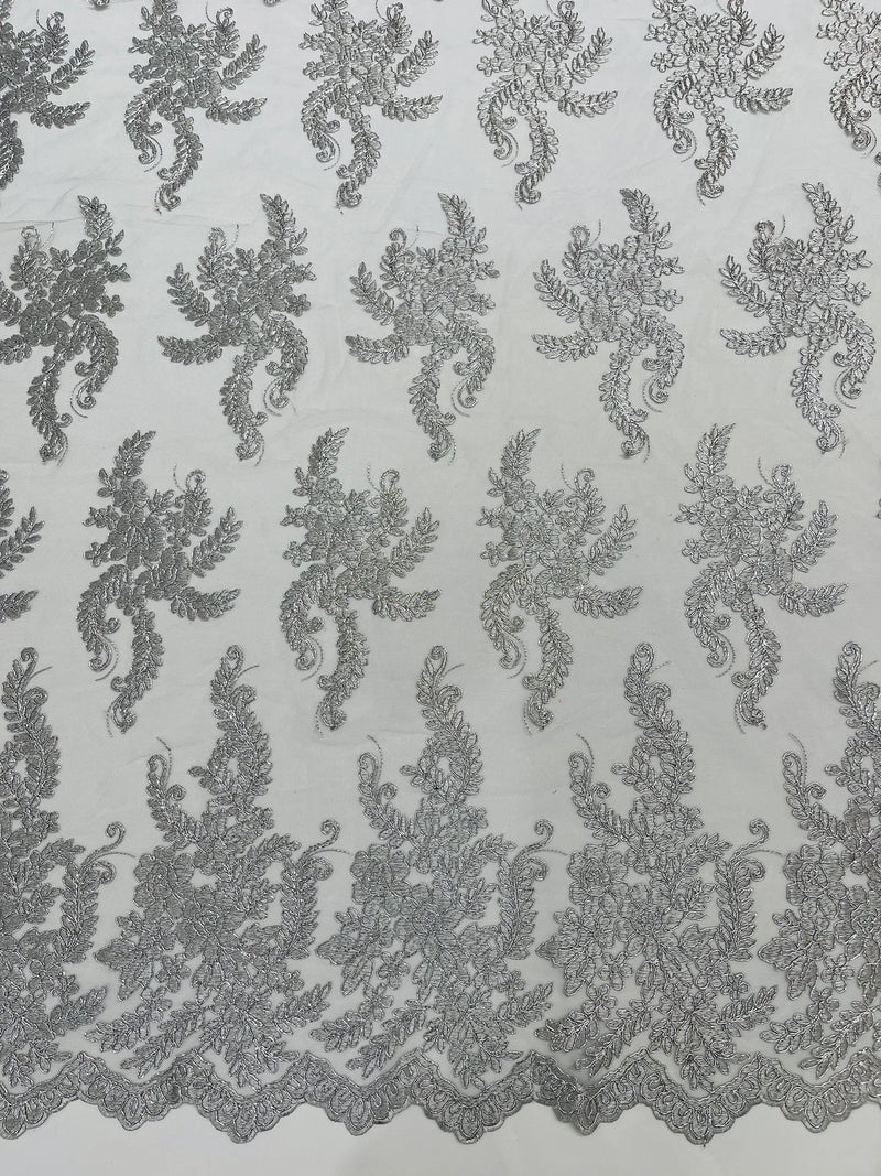 Braid Leaf Designs Lace Fabric - Metallic Silver - Embroidered Floral Leaf Pattern on Lace Mesh Fabric By Yard