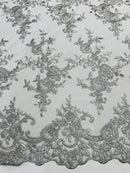 Plant Design Lace Fabric - Metallic Silver - Small Plant Flower Leaf Design Lace Fabric Sold By Yard