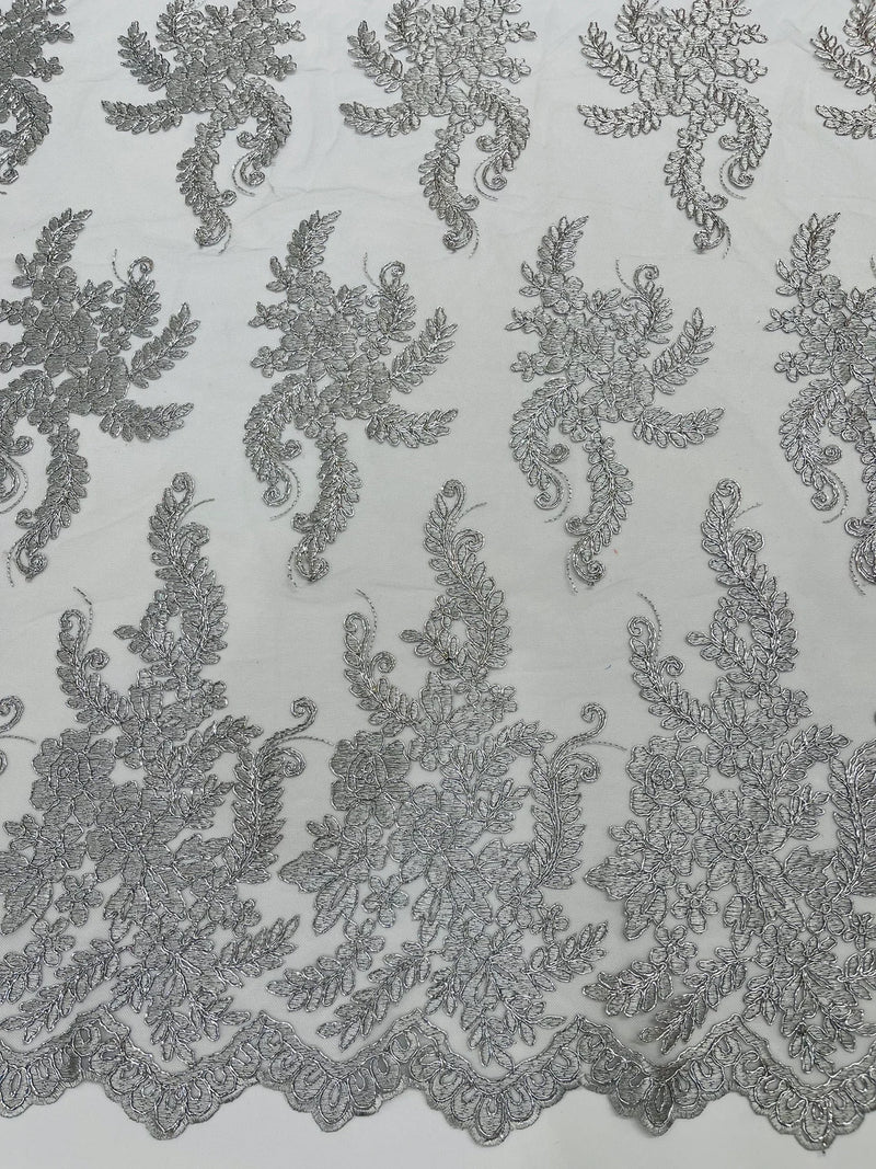 Braid Leaf Designs Lace Fabric - Metallic Silver - Embroidered Floral Leaf Pattern on Lace Mesh Fabric By Yard