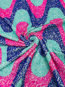 Wavy Line Design Velvet Sequins - Mint/Royal/Fuchsia - Velvet Sequins Fabric 2 Way Stretch 58"- 60" By Yard