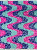 Wavy Line Design Velvet Sequins - Mint/Royal/Fuchsia - Velvet Sequins Fabric 2 Way Stretch 58"- 60" By Yard
