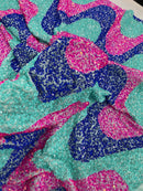 Wavy Line Design Velvet Sequins - Mint/Royal/Fuchsia - Velvet Sequins Fabric 2 Way Stretch 58"- 60" By Yard