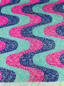 Wavy Line Design Velvet Sequins - Mint/Royal/Fuchsia - Velvet Sequins Fabric 2 Way Stretch 58"- 60" By Yard