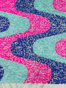 Wavy Line Design Velvet Sequins - Mint/Royal/Fuchsia - Velvet Sequins Fabric 2 Way Stretch 58"- 60" By Yard