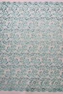 Floral Sequins Corded Fabric - Mint - Lace Sequins Fabric in Floral Pattern Sold By Yard