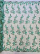 3D Floral Cluster with Border Lace - Mint - Flower with Leaves Design 3D Fabrics Sold By Yard