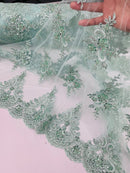 Floral Damask Bead Fabric - Mint - Embroidered Floral Clusters with Beads / Sequins by Yard