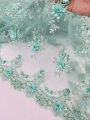 3D Floral Sequins Design - Mint - Embroidered Floral Lace Fabric With Sequins / Pearls By Yard