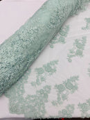 Floral Cluster Beaded Fabric - Mint - Embroidered Flower Beaded Fabric Sold By Yard