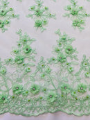 3D Floral Fabric - Mint - Embroidered Flower with Rhinestone and Sequins Fabric Sold By Yard