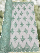Floral Damask Bead Fabric - Mint - Embroidered Floral Clusters with Beads / Sequins by Yard