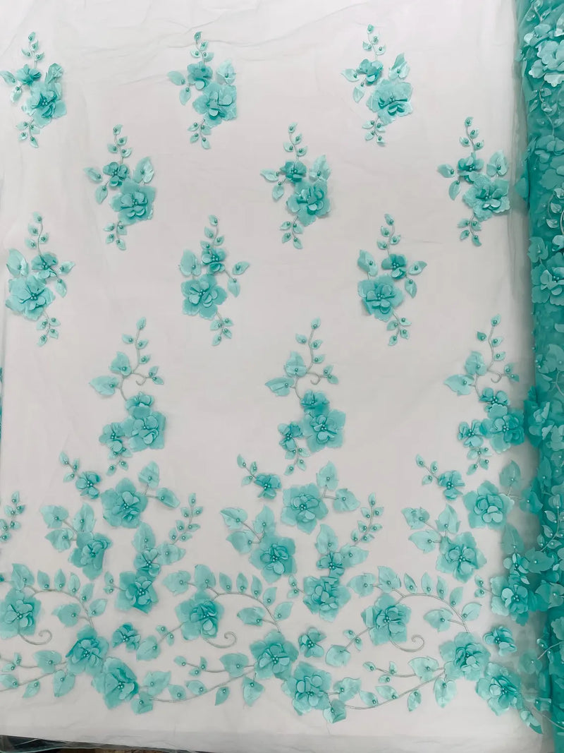 3D Orquidia Floral Lace - Mint - Beautiful Orchid Flower Fabric on Mesh by Yard