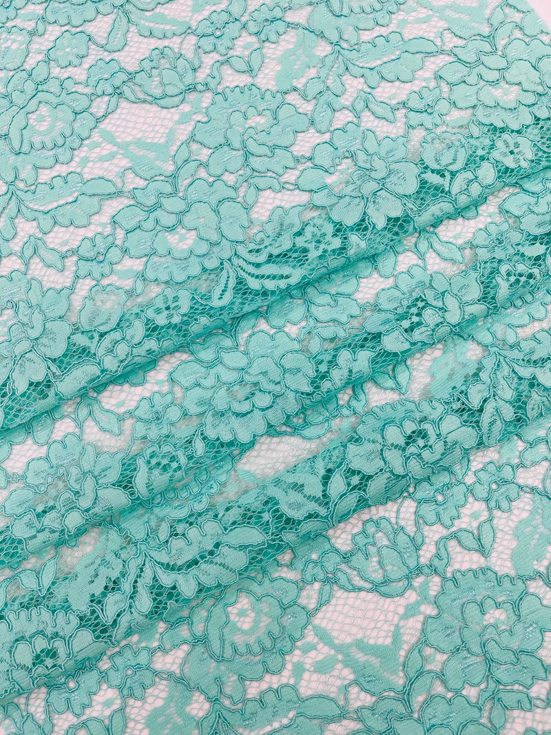 Corded Floral Plant Fabric - Mint - Floral Corded Lace Flower Fabric Sold By Yard