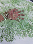 Beaded Embroidered Fabric - Mint - Embroidered Heart and Feather Pattern Fabric Sold By Yard