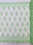 3D Floral Fabric - Mint - Embroidered Flower with Rhinestone and Sequins Fabric Sold By Yard
