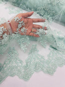 Floral Cluster Beaded Fabric - Mint - Embroidered Flower Beaded Fabric Sold By Yard