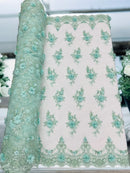 3D Floral Sequins Design - Mint - Embroidered Floral Lace Fabric With Sequins / Pearls By Yard