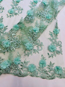 3D Floral Cluster with Border Lace - Mint - Flower with Leaves Design 3D Fabrics Sold By Yard