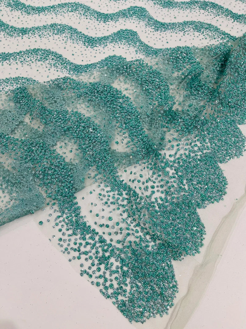 Mermaid Scales Bead Design - Mint - Mermaid Sequins Bead Design Mesh Fabric by yard