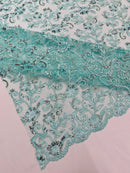 Floral Sequins Corded Fabric - Mint - Lace Sequins Fabric in Floral Pattern Sold By Yard