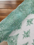 Floral Damask Bead Fabric - Mint - Embroidered Floral Clusters with Beads / Sequins by Yard