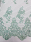Floral Cluster Beaded Fabric - Mint - Embroidered Flower Beaded Fabric Sold By Yard