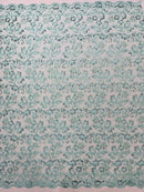 Floral Sequins Corded Fabric - Mint - Lace Sequins Fabric in Floral Pattern Sold By Yard
