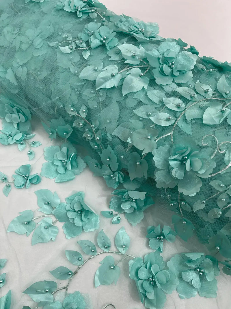 3D Orquidia Floral Lace - Mint - Beautiful Orchid Flower Fabric on Mesh by Yard