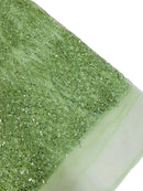 Beaded Embroidered Fabric - Mint - Embroidered Heart and Feather Pattern Fabric Sold By Yard