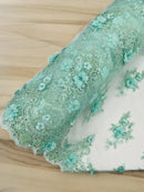3D Floral Sequins Design - Mint - Embroidered Floral Lace Fabric With Sequins / Pearls By Yard