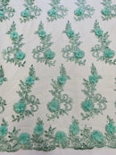 3D Floral Cluster with Border Lace - Mint - Flower with Leaves Design 3D Fabrics Sold By Yard