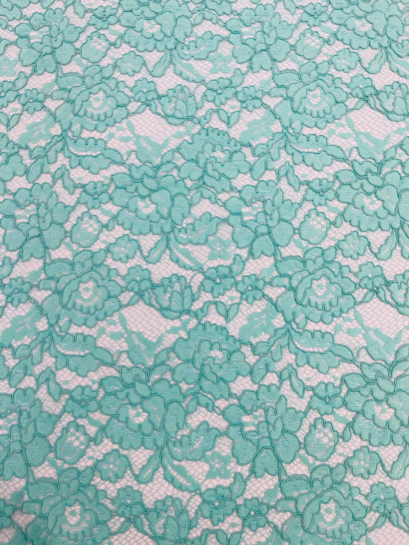 Corded Floral Plant Fabric - Mint - Floral Corded Lace Flower Fabric Sold By Yard