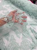 Floral Cluster Beaded Fabric - Mint - Embroidered Flower Beaded Fabric Sold By Yard