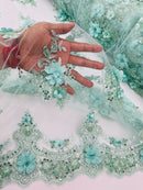 3D Floral Sequins Design - Mint - Embroidered Floral Lace Fabric With Sequins / Pearls By Yard
