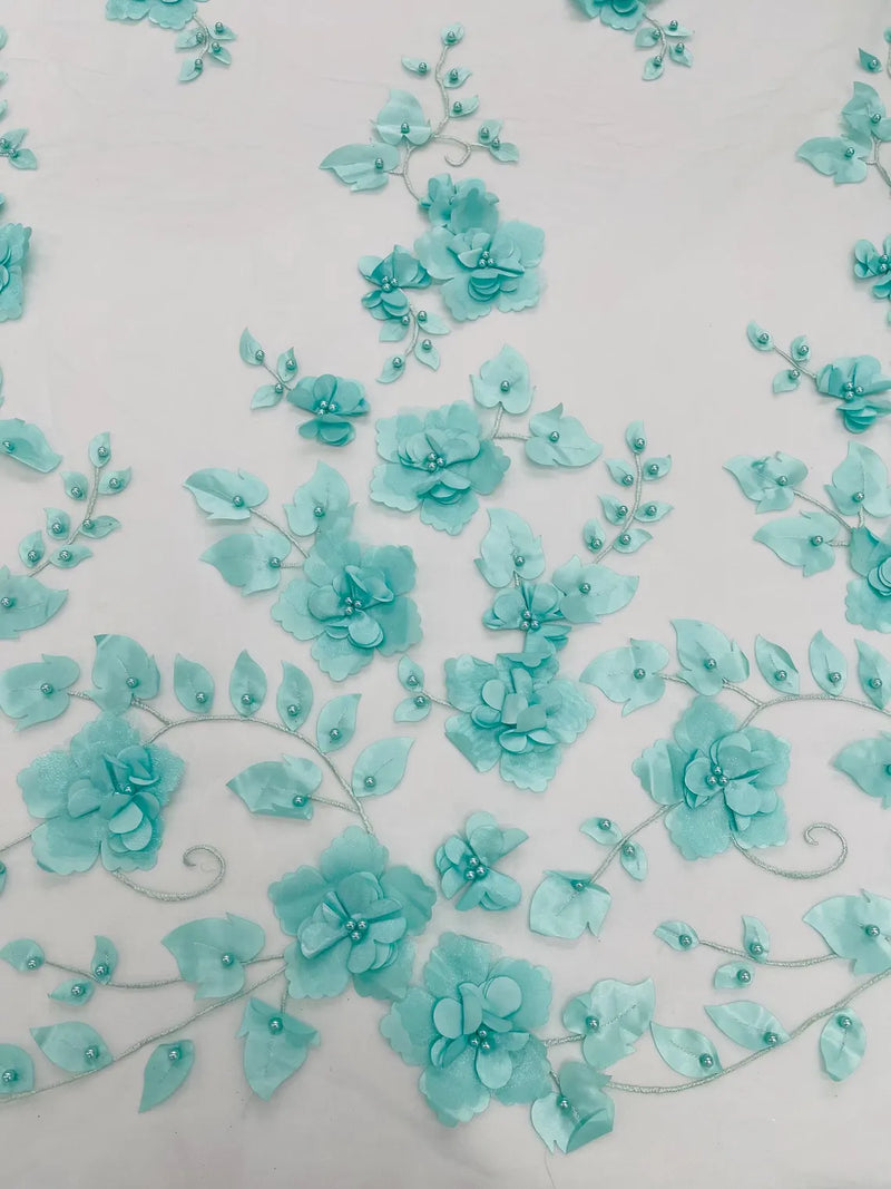 3D Orquidia Floral Lace - Mint - Beautiful Orchid Flower Fabric on Mesh by Yard