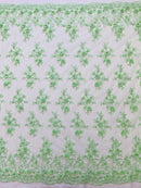 3D Floral Fabric - Mint - Embroidered Flower with Rhinestone and Sequins Fabric Sold By Yard