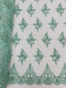 Floral Damask Bead Fabric - Mint - Embroidered Floral Clusters with Beads / Sequins by Yard