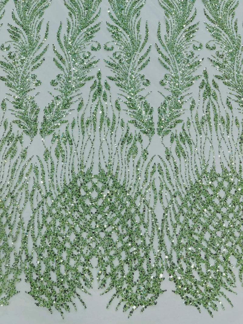 Beaded Embroidered Fabric - Mint - Embroidered Heart and Feather Pattern Fabric Sold By Yard