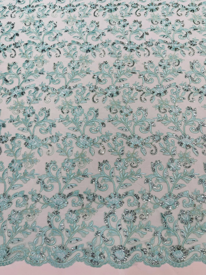 Floral Sequins Corded Fabric - Mint - Lace Sequins Fabric in Floral Pattern Sold By Yard