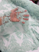 Floral Cluster Beaded Fabric - Mint - Embroidered Flower Beaded Fabric Sold By Yard