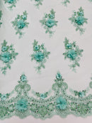 3D Floral Sequins Design - Mint - Embroidered Floral Lace Fabric With Sequins / Pearls By Yard