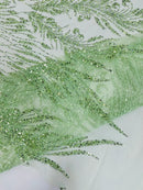 Beaded Embroidered Fabric - Mint - Embroidered Heart and Feather Pattern Fabric Sold By Yard
