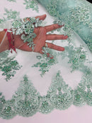 Floral Damask Bead Fabric - Mint - Embroidered Floral Clusters with Beads / Sequins by Yard