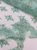 Floral Damask Bead Fabric - Mint - Embroidered Floral Clusters with Beads / Sequins by Yard