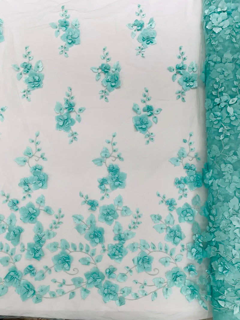 3D Orquidia Floral Lace - Mint - Beautiful Orchid Flower Fabric on Mesh by Yard