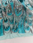 Olivia Sequins Design - Mint / Aqua / Silver - 4 Way Stretch Multi Color Sequin Fabric on Mesh Sold By Yard