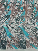 Olivia Sequins Design - Mint / Aqua / Silver - 4 Way Stretch Multi Color Sequin Fabric on Mesh Sold By Yard