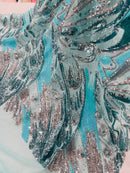 Olivia Sequins Design - Mint / Aqua / Silver - 4 Way Stretch Multi Color Sequin Fabric on Mesh Sold By Yard